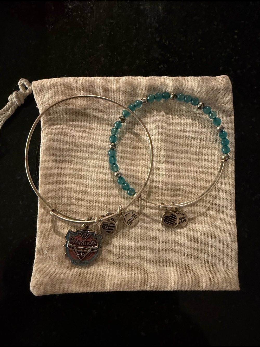 Silver-Tone Warrior Charm Bangle Bracelet with Aqua Beads